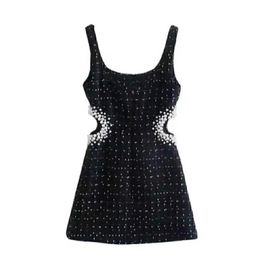 Black Texture Tweed Weave Cutout Mini Dress With Faux Pearls L - Picture 6 of 16